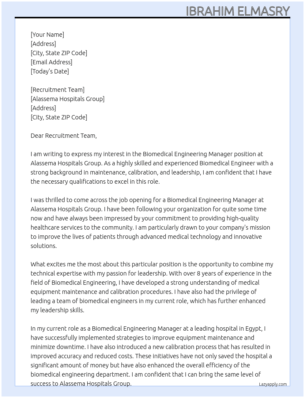 Biomedical Engineering Manager At Alassema Hospitals Group Cover Letter