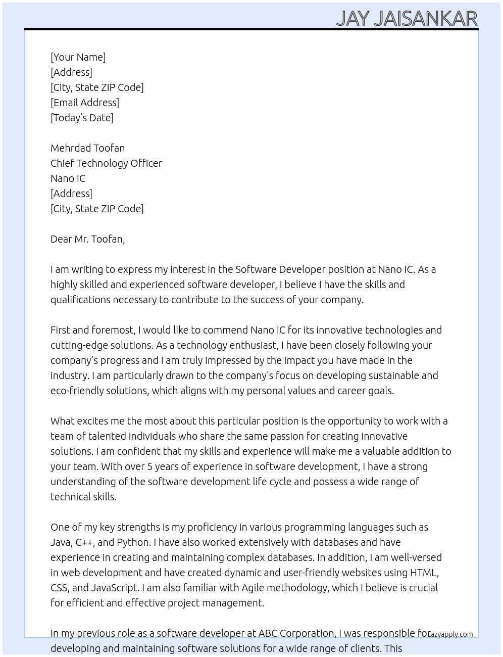 software developer At  Nano IC Cover Letter