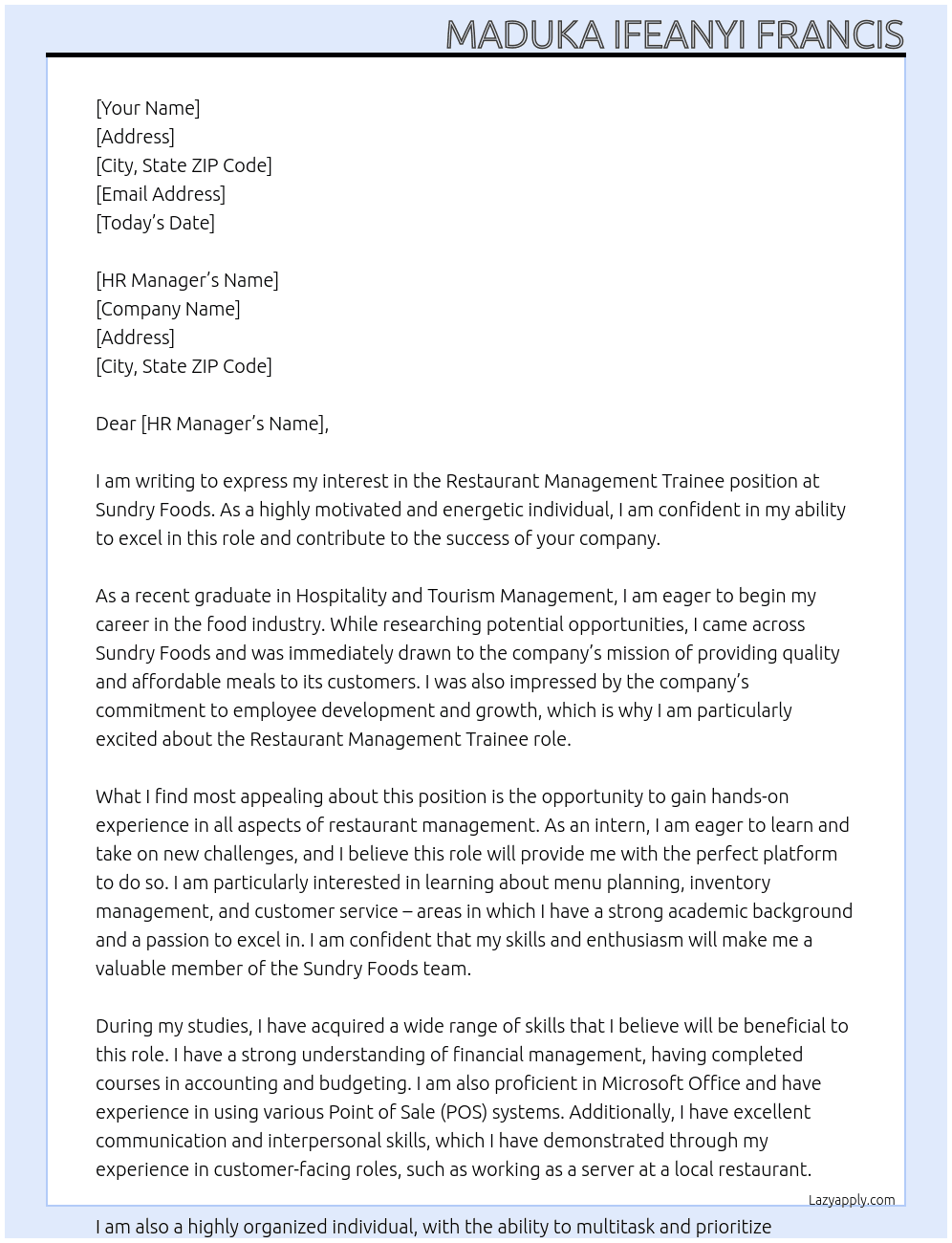 Restaurant management trainee At Sundry foods Cover Letter