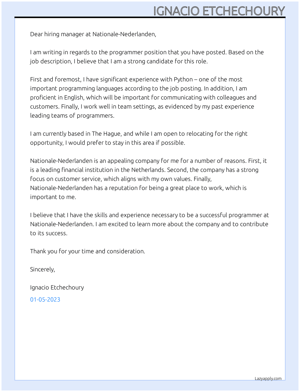 Programmer At Nationale-Nederlanden Cover Letter