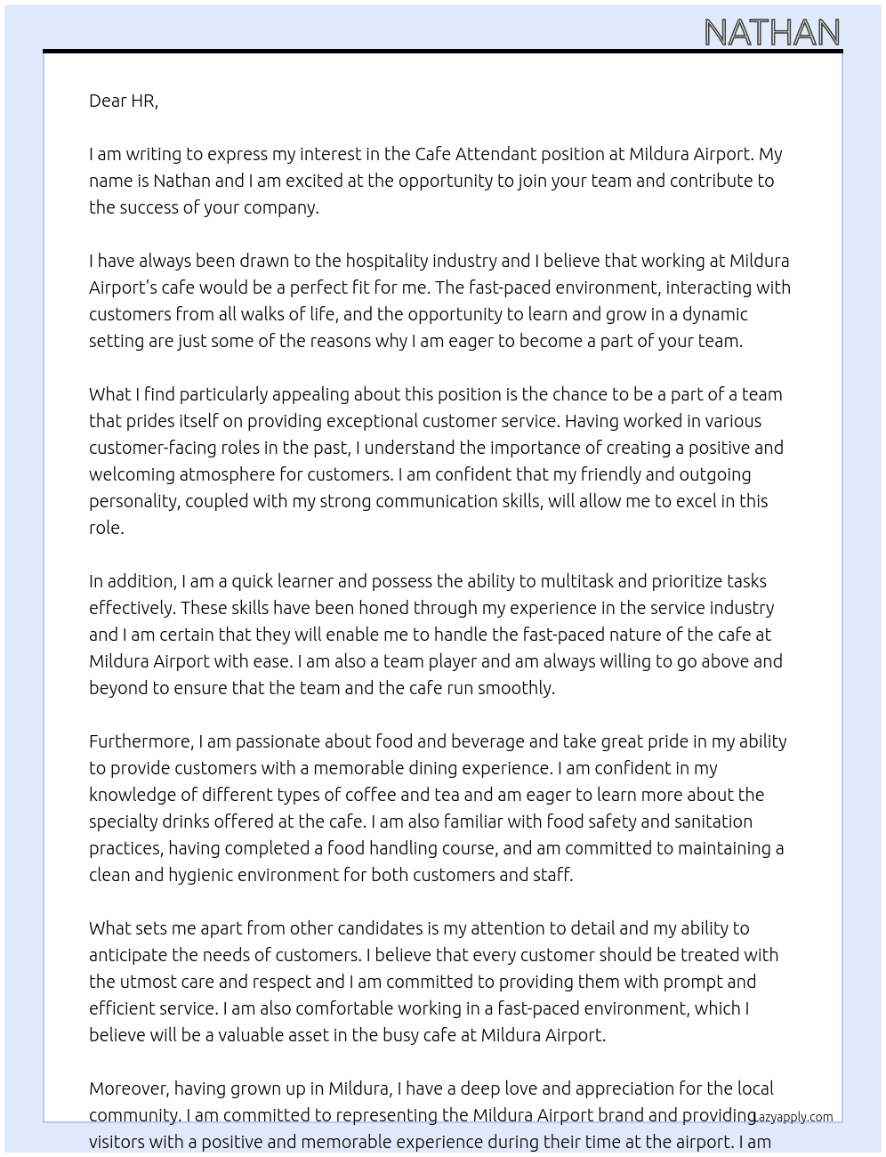Cafe Attendand At Mildura Airport Cover Letter