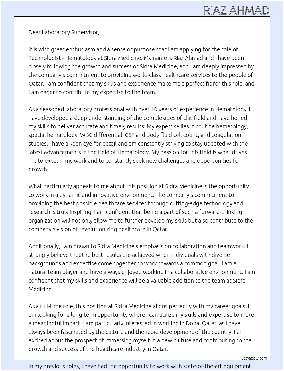 Technologist - Hematology At Sidra Medicince Cover Letter