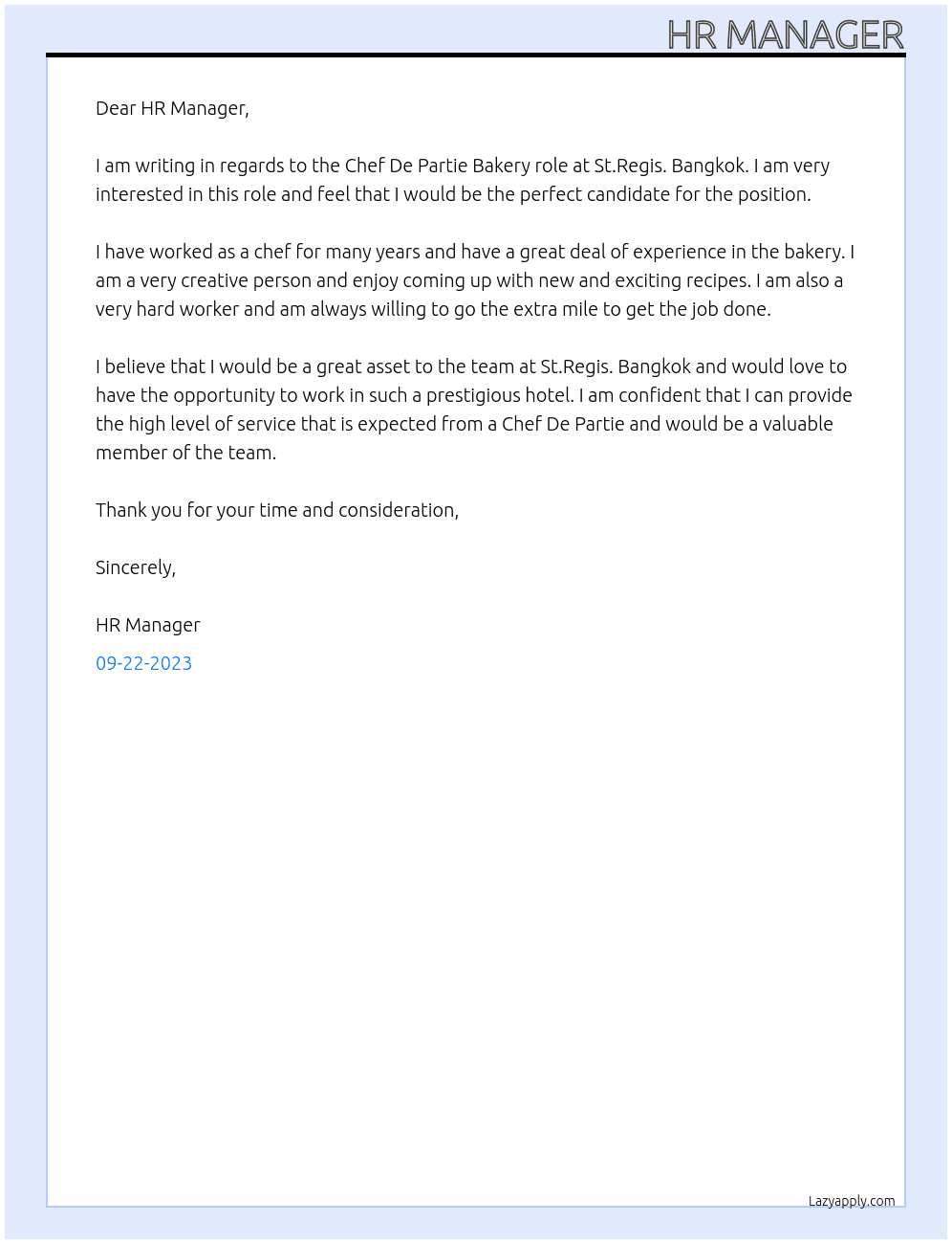 Chef De Partie Bakery At St.Regis. Bangkok Cover Letter
