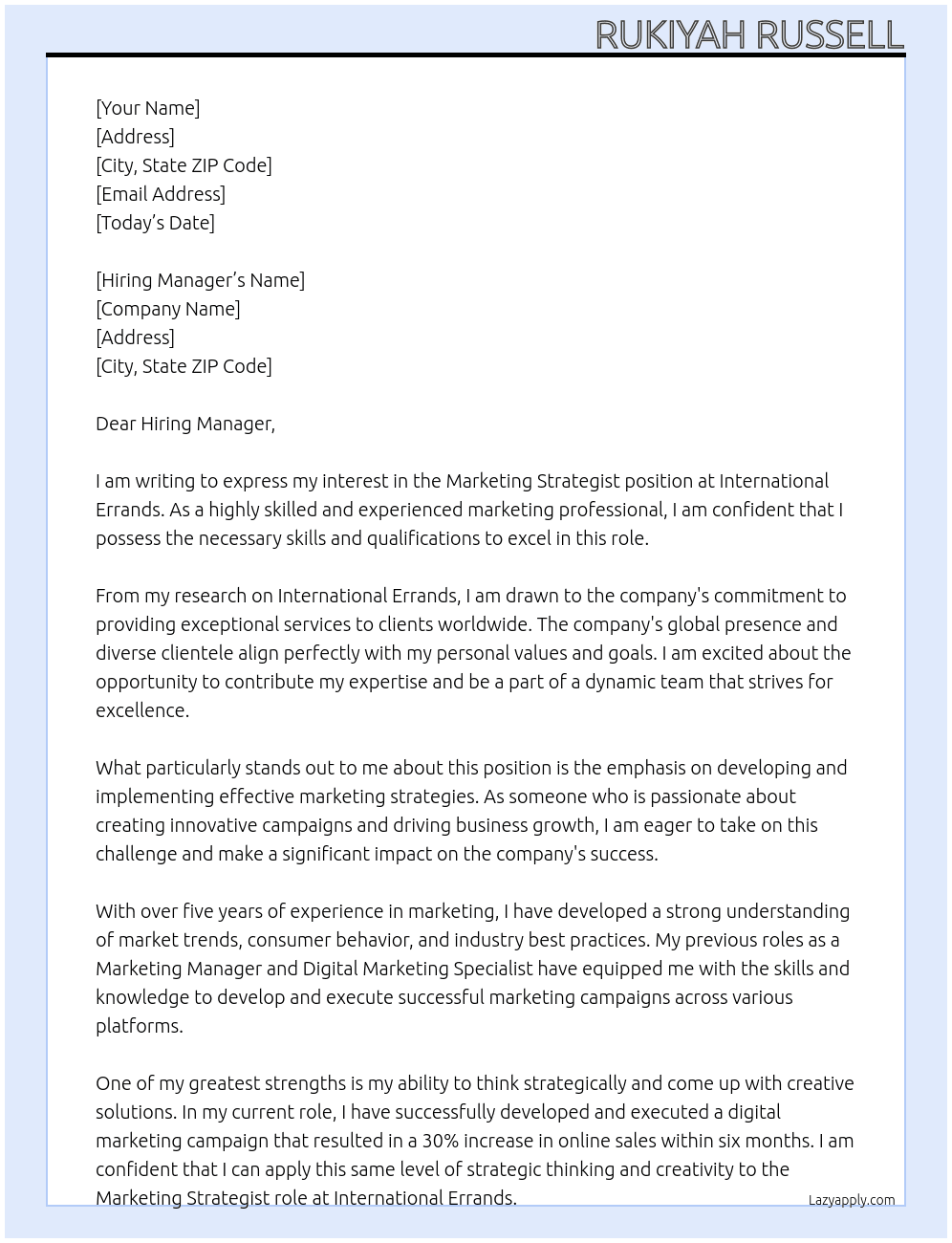 Marketing Strategist At International Errands Cover Letter