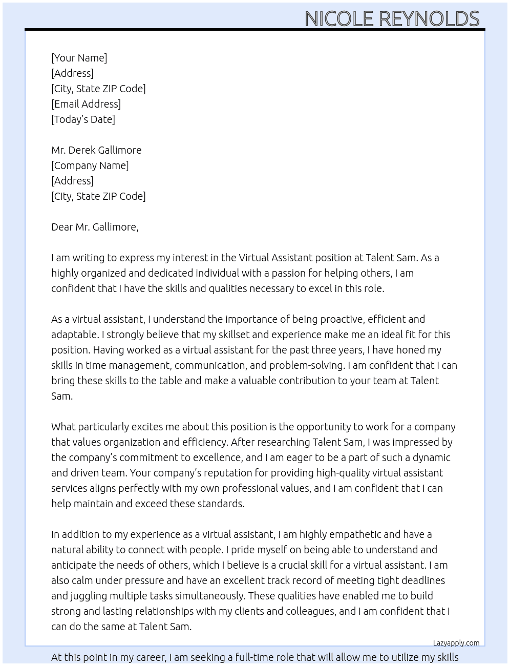 Virtual assistant At Talent Sam Cover Letter