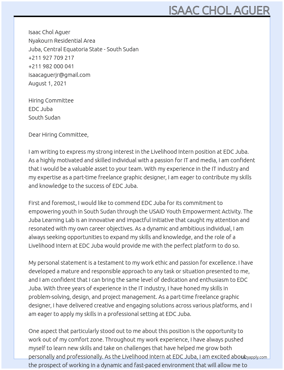 livilehood Intern  At EDC Juba, South Sudan Cover Letter