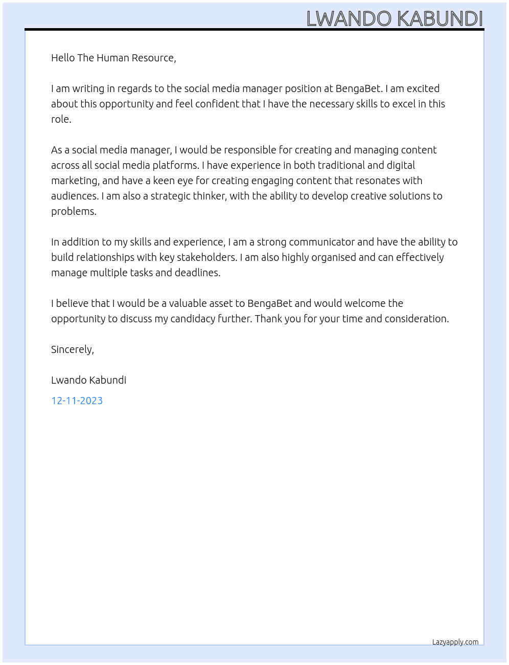Social media manager At BengaBet Cover Letter