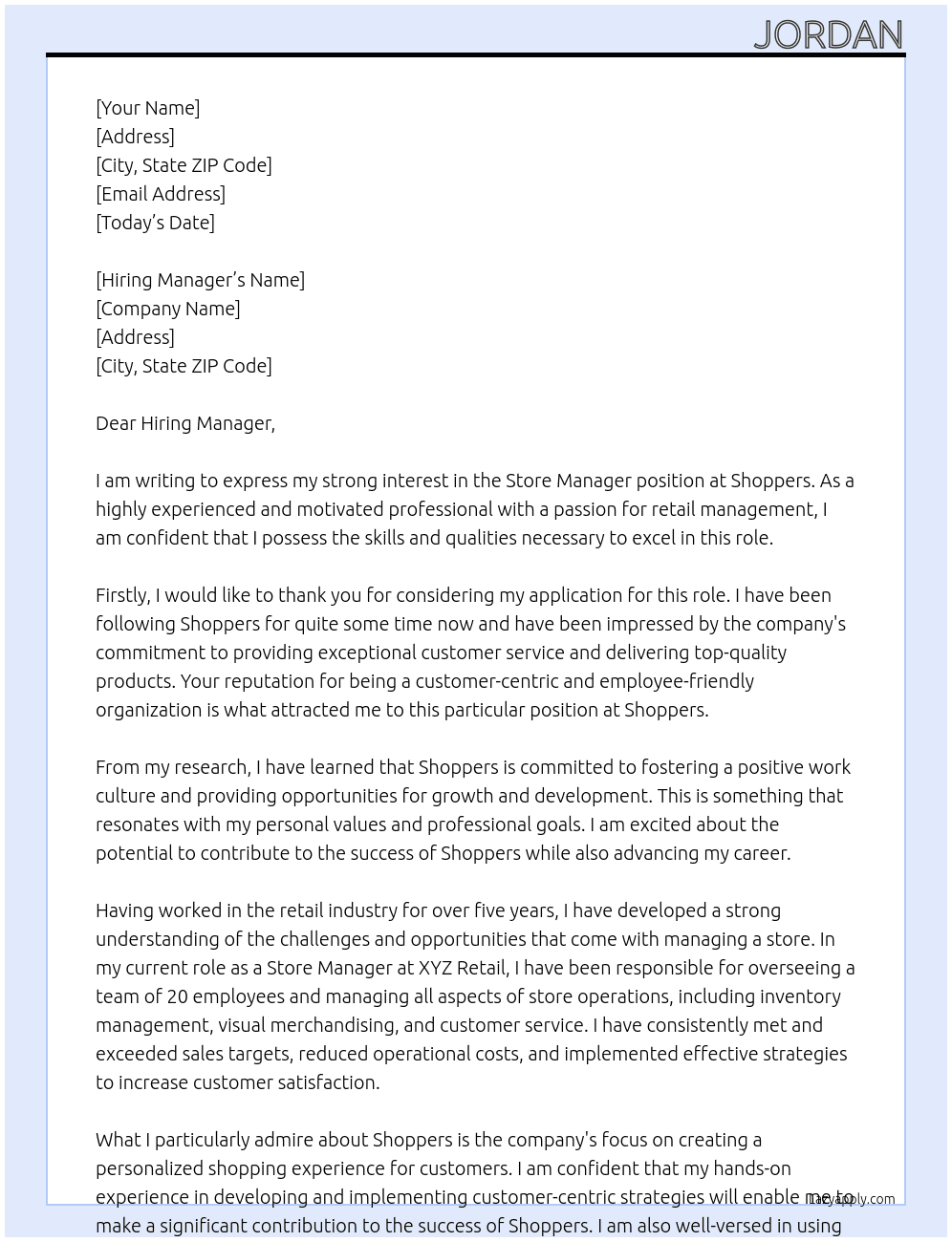 Store manager At Shoppers Cover Letter