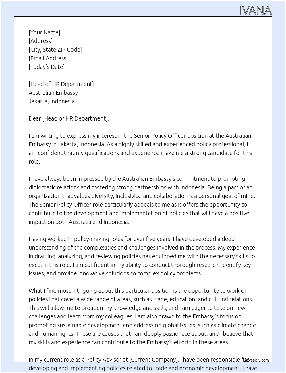Senior Policy Officer At Australian Embassy, Jakarta, Indonesia Cover Letter