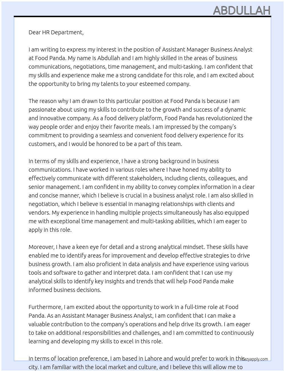 Assistant manager Business Analyst At Food Panda Cover Letter