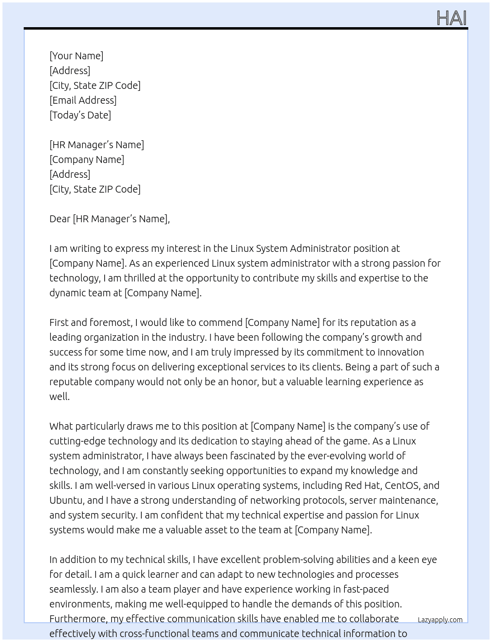 Linux system administrator  At Final Cover Letter