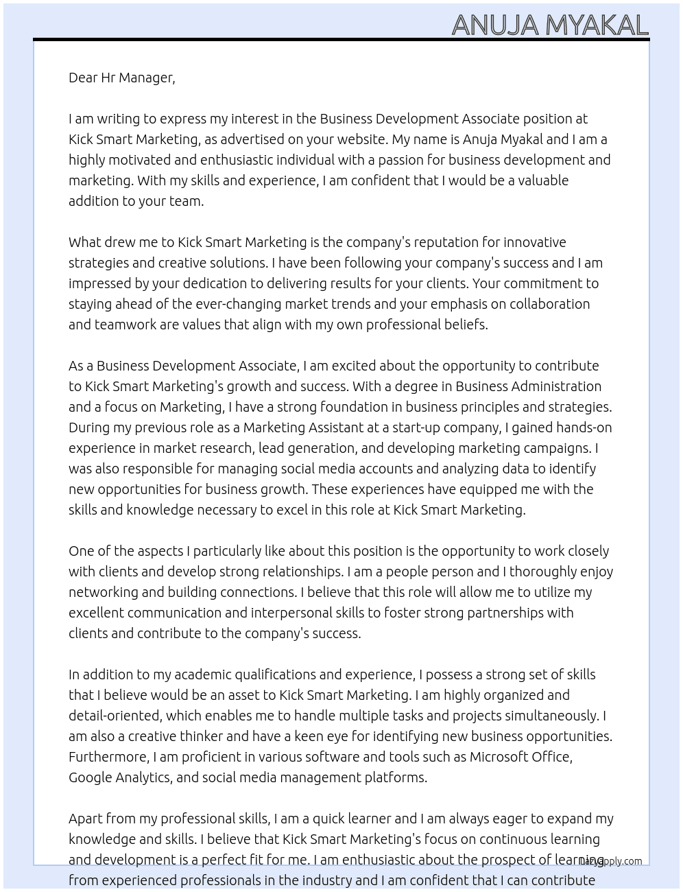 Business Development Assosiate  At Kick Smart Marketing Cover Letter