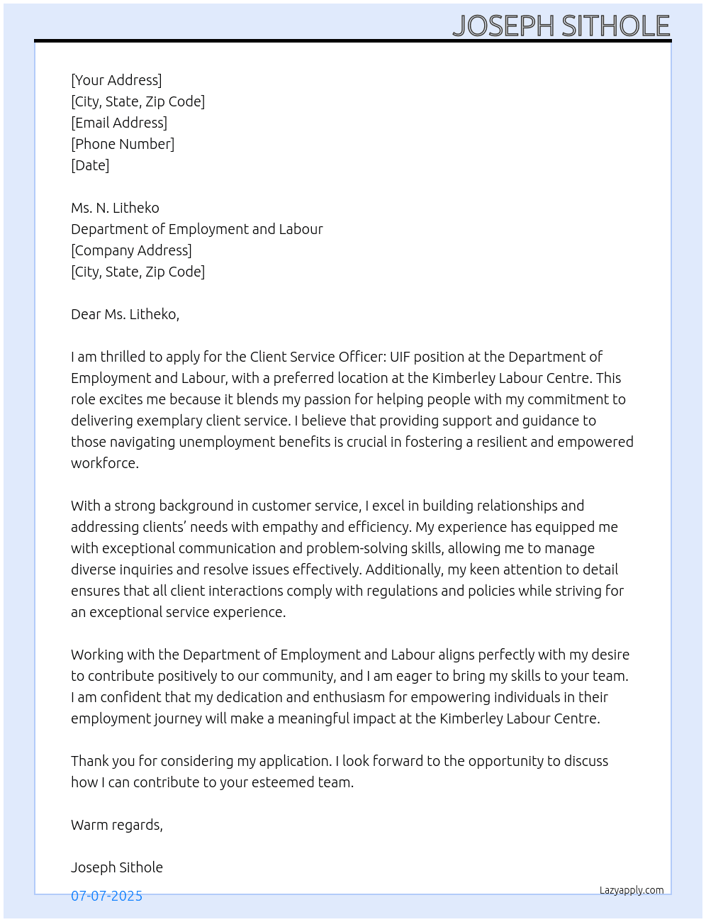 Cover letter for client service officer: uif - LazyApply