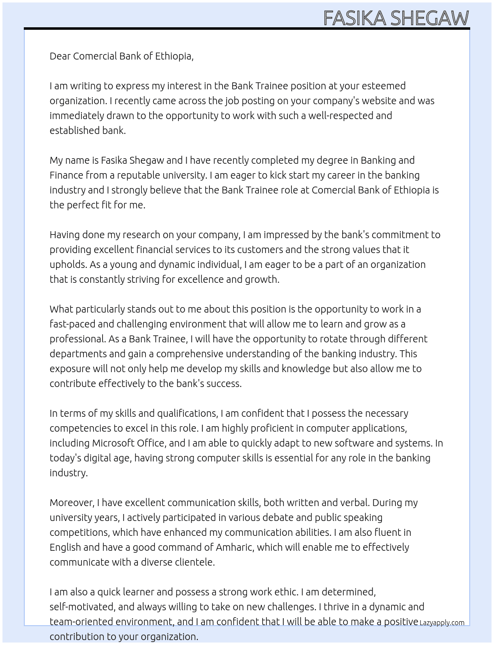 Bank Trainee At Comercial Bank of Ethiopia Cover Letter