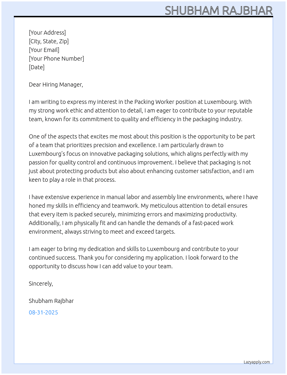 Packing Worker  At Luxembourg  Cover Letter