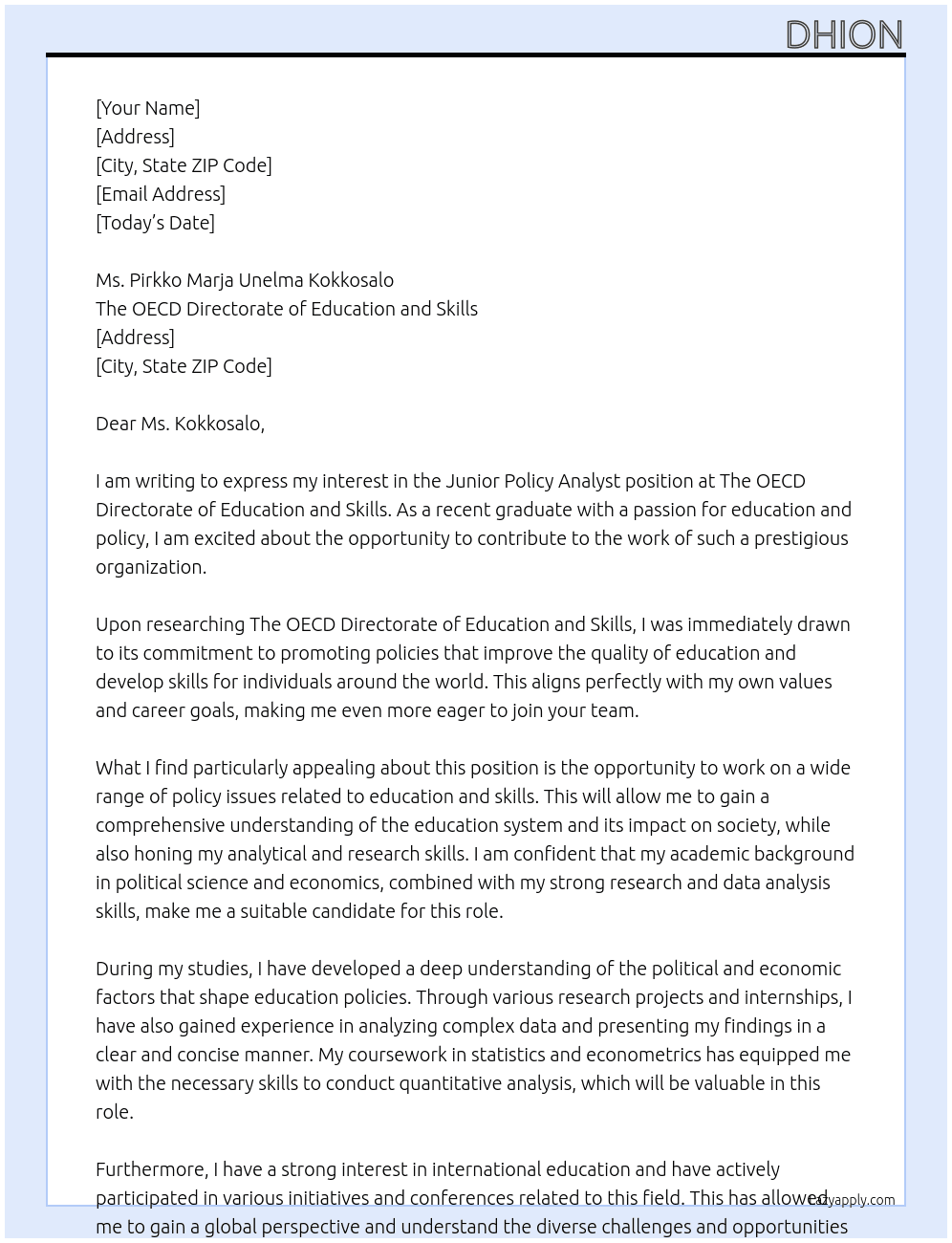 Junior Policy Analyst At The OECD Directorate of Education and Skills Cover Letter