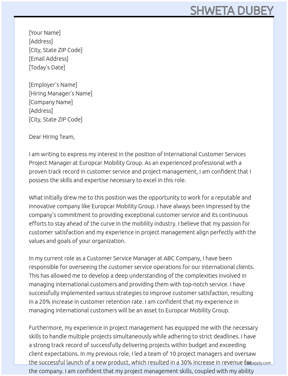 International Customer Services Project Manager At Europcar Mobility Group Cover Letter