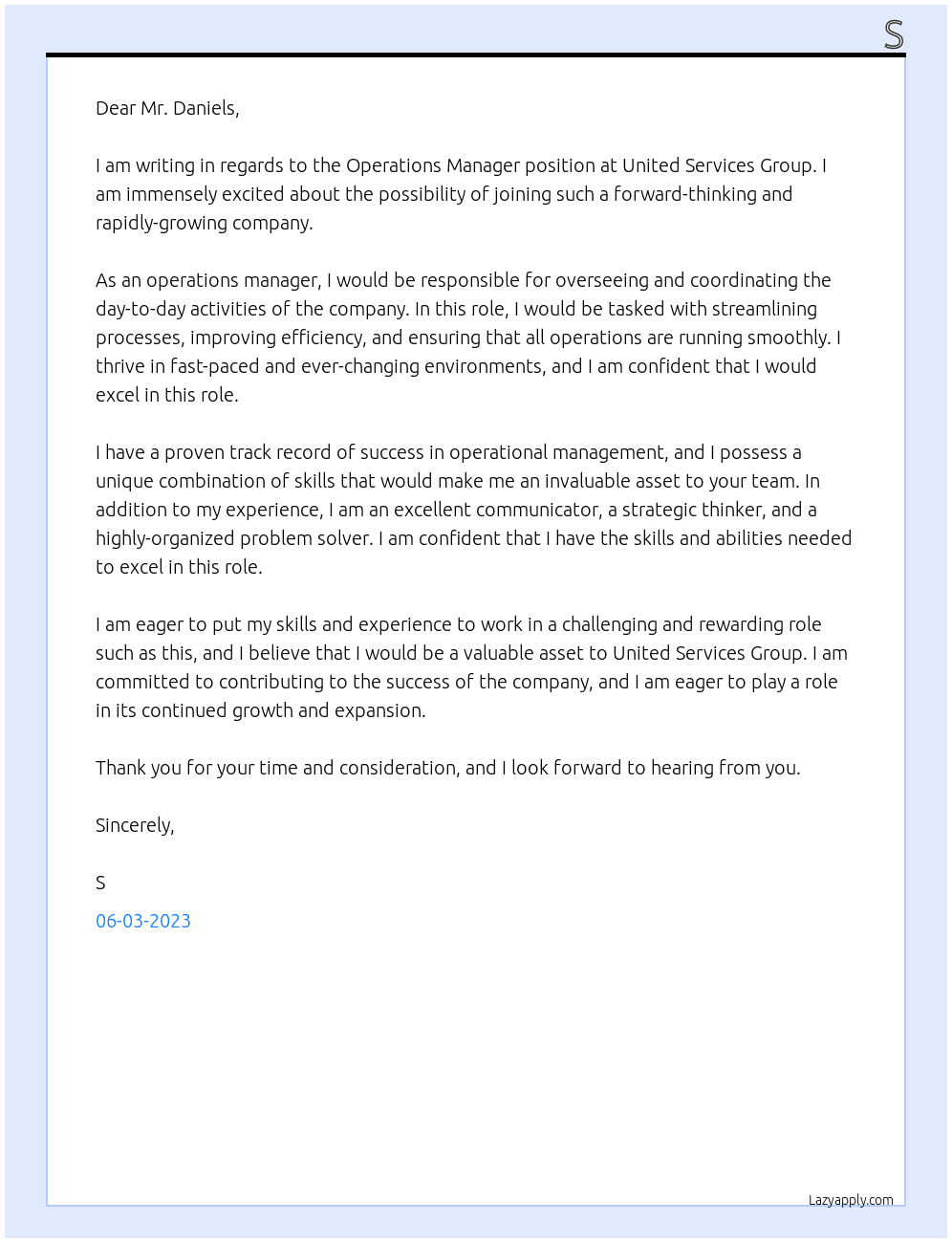Operations Manager At United Services Group Cover Letter