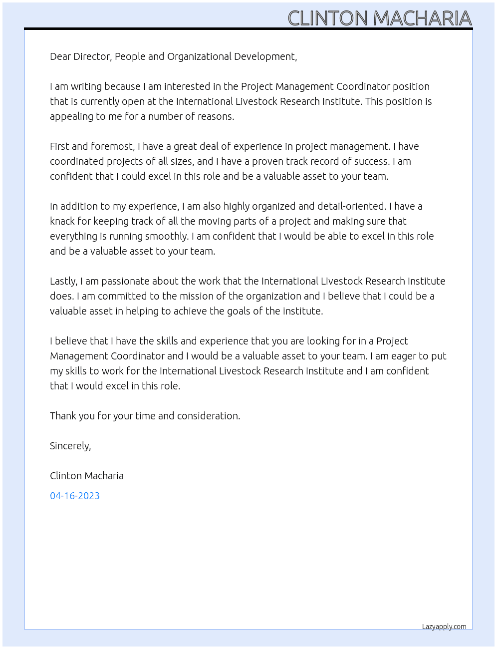 Project Management Coordinator At International Livestock Research Institute Cover Letter