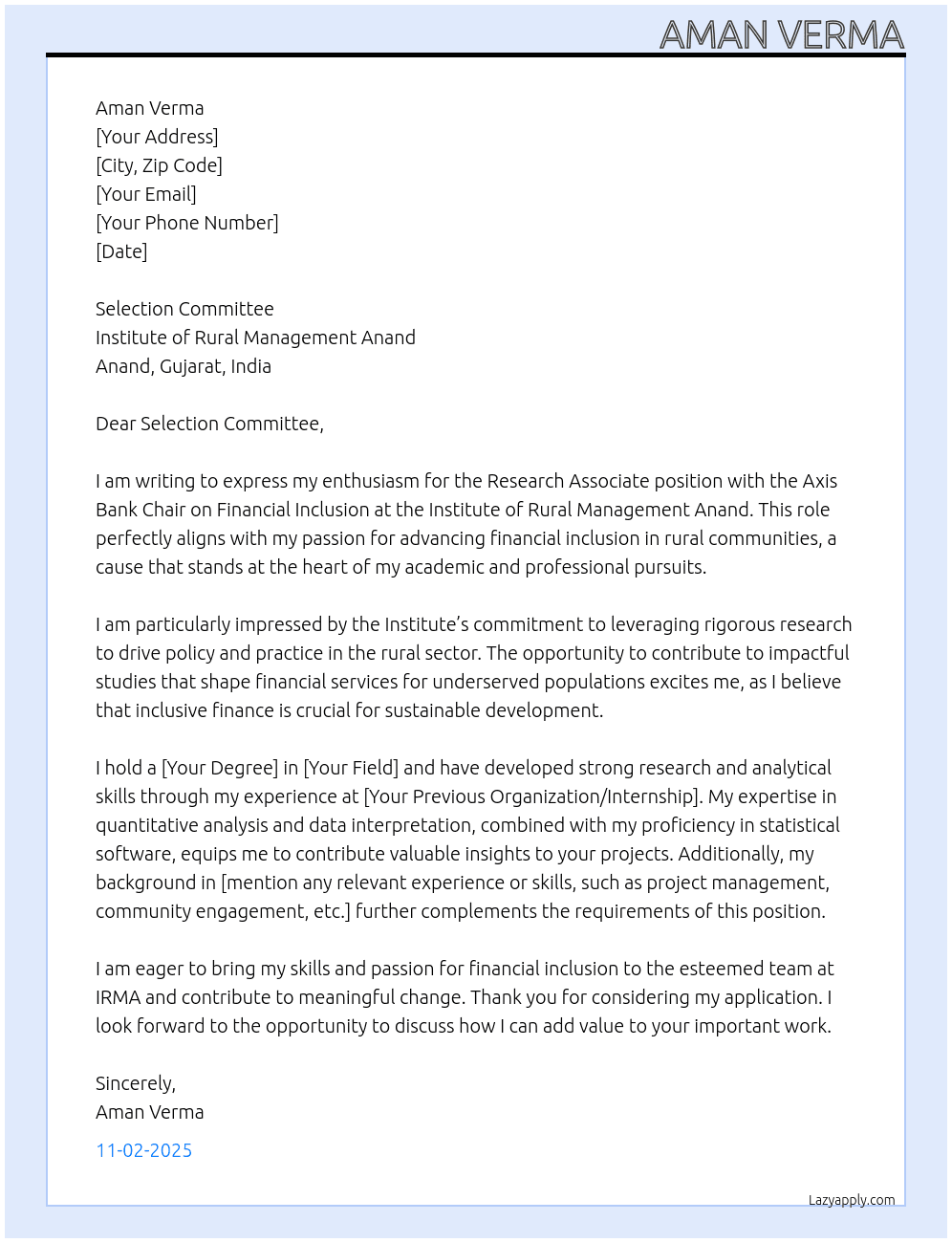 Research Associate for Axis Bank Chair on Financial Inclusions IRMA At Institute of Rural Management Anand Cover Letter