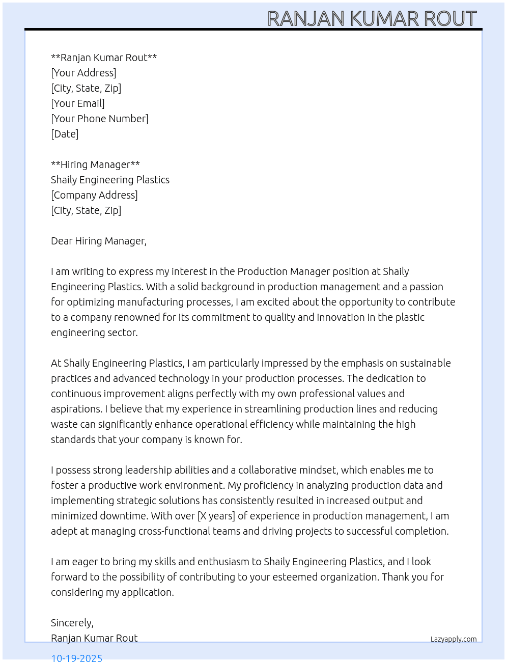 Production manager  At shaily engineering plastics  Cover Letter