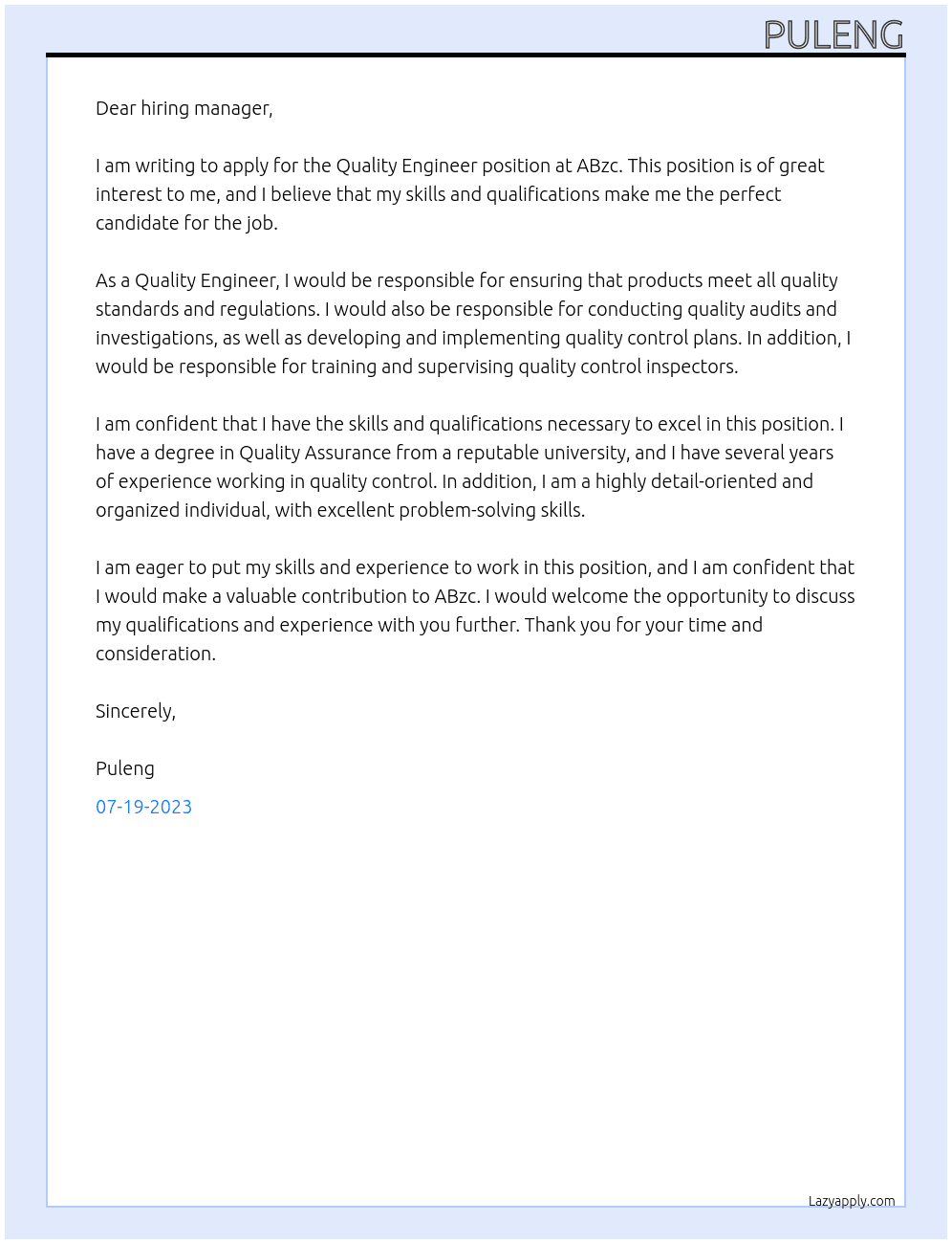 Quality Engineer  At ABzc Cover Letter