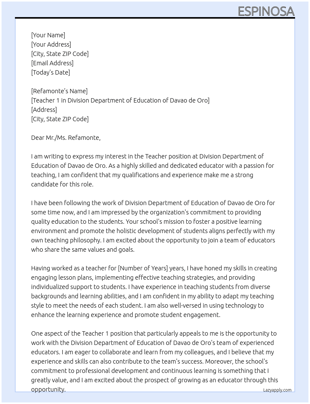Teacher At Teacher 1 in Division department of education of davao de oro Cover Letter