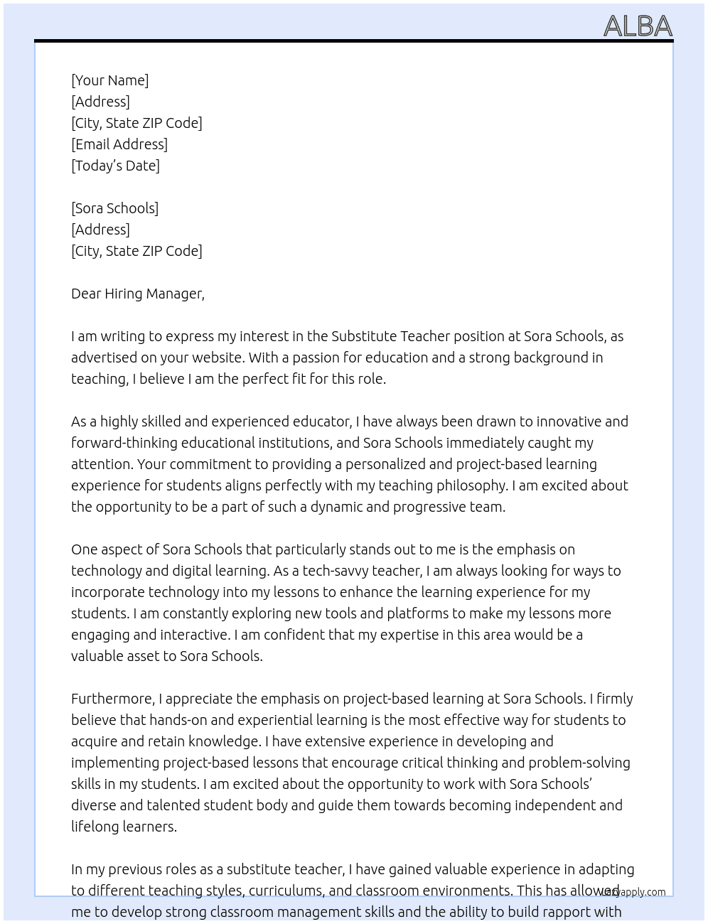 substitute teacher At Sora Schools Cover Letter