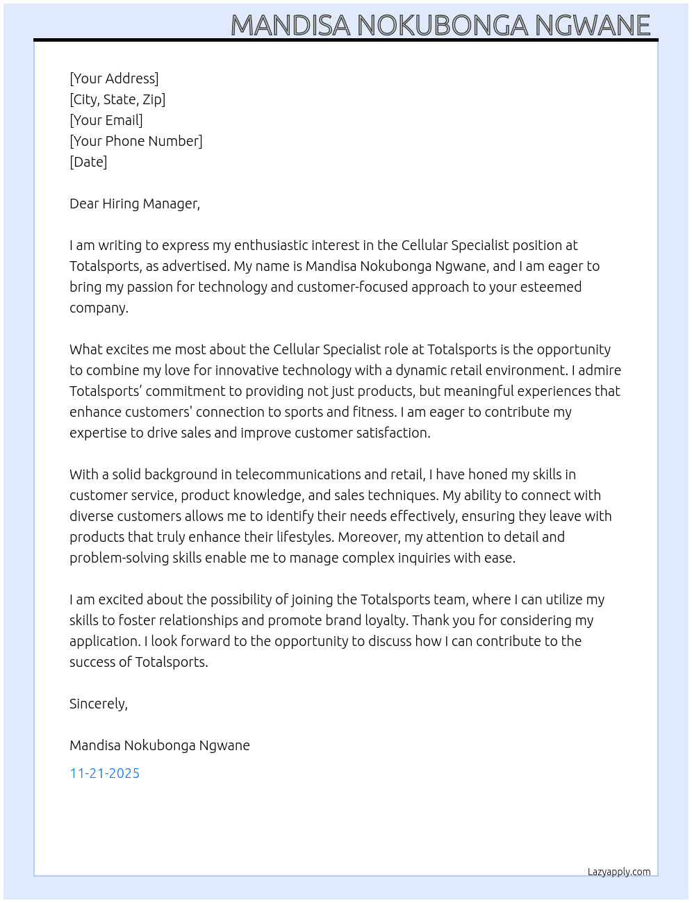 Cellular Specialist  At Totalsports Cover Letter