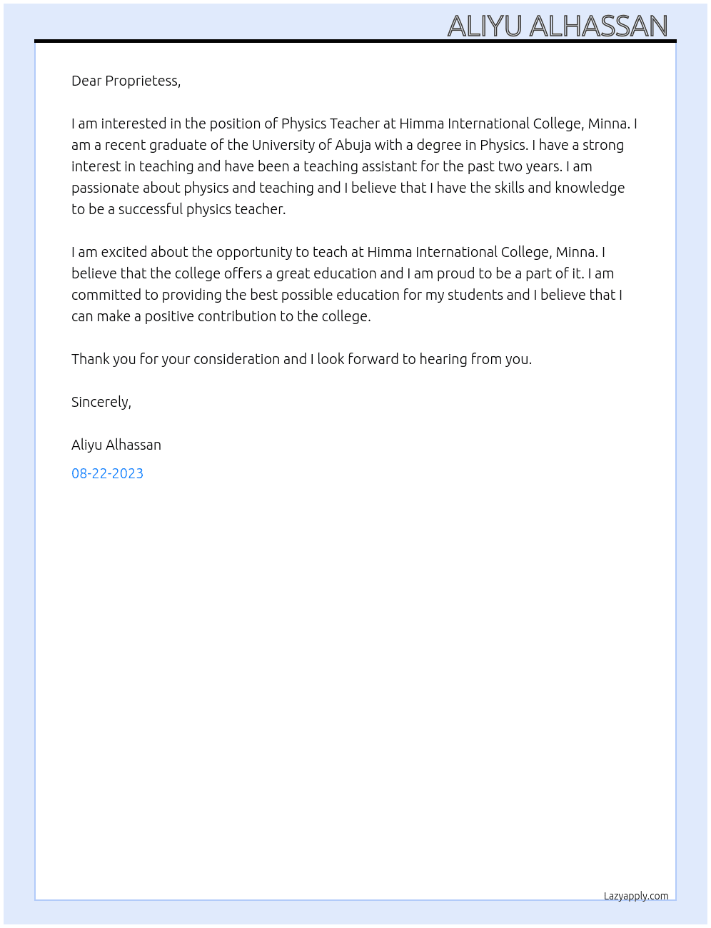 Physics Teacher At Himma International College, Minna.  Cover Letter