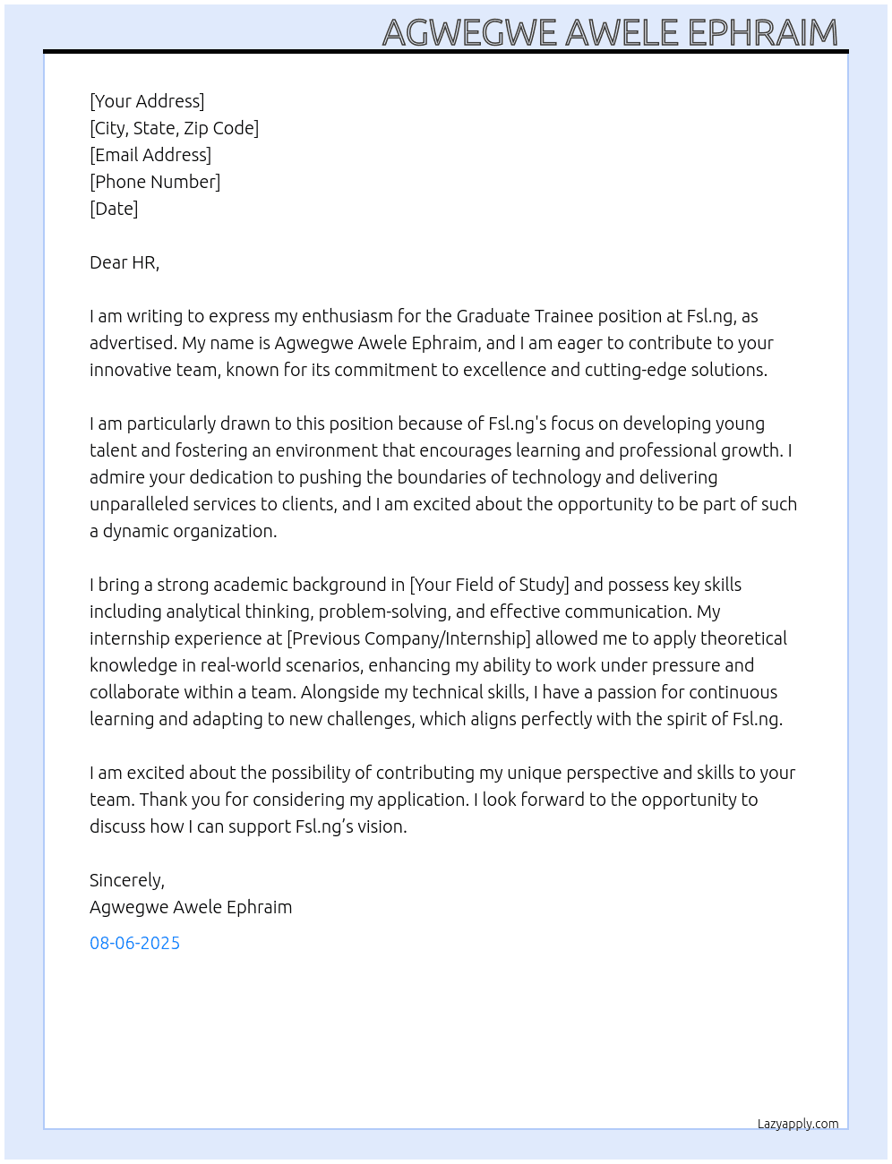 Graduate Trainee At Fsl.ng Cover Letter