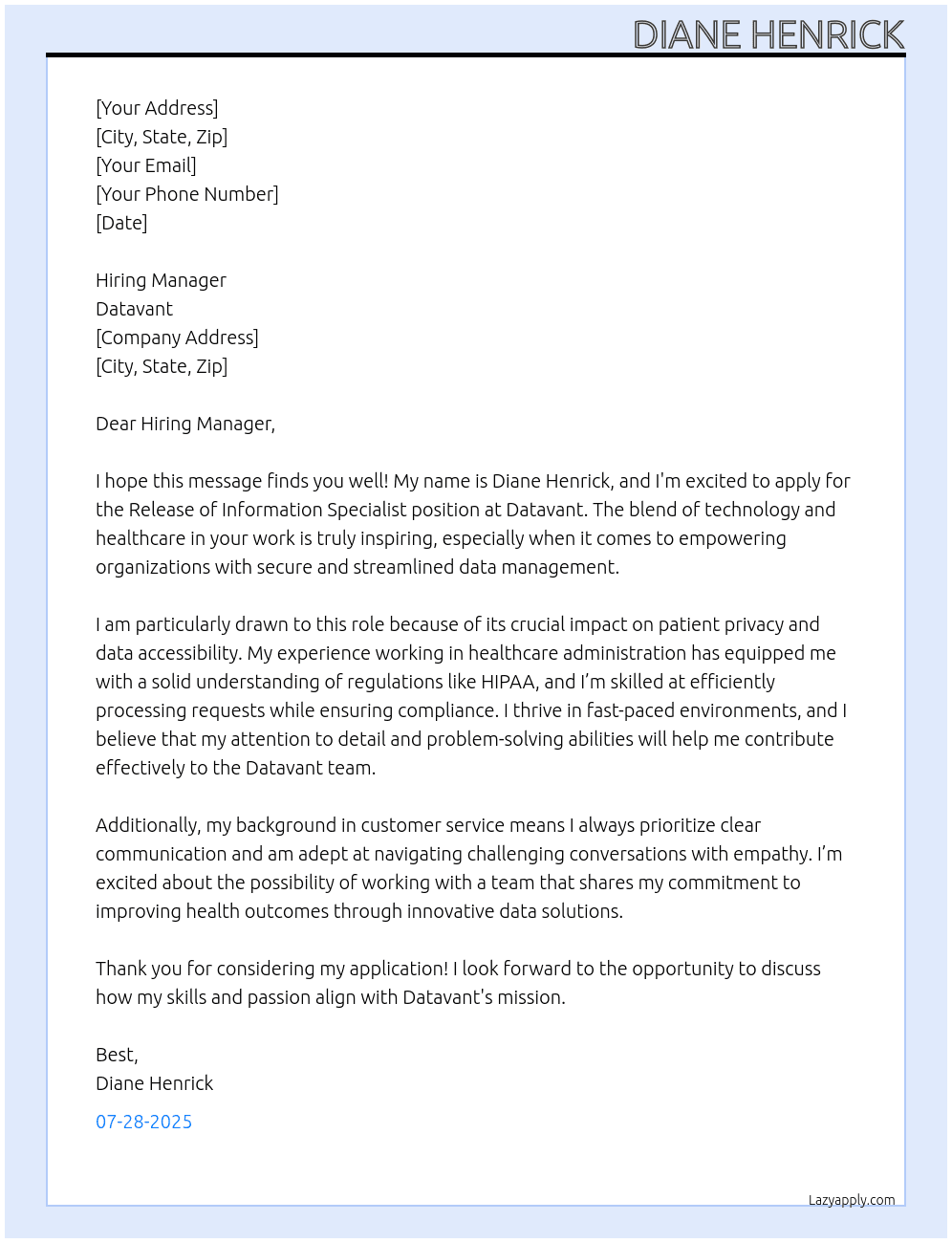 Release of Information Specialist At Datavant Cover Letter