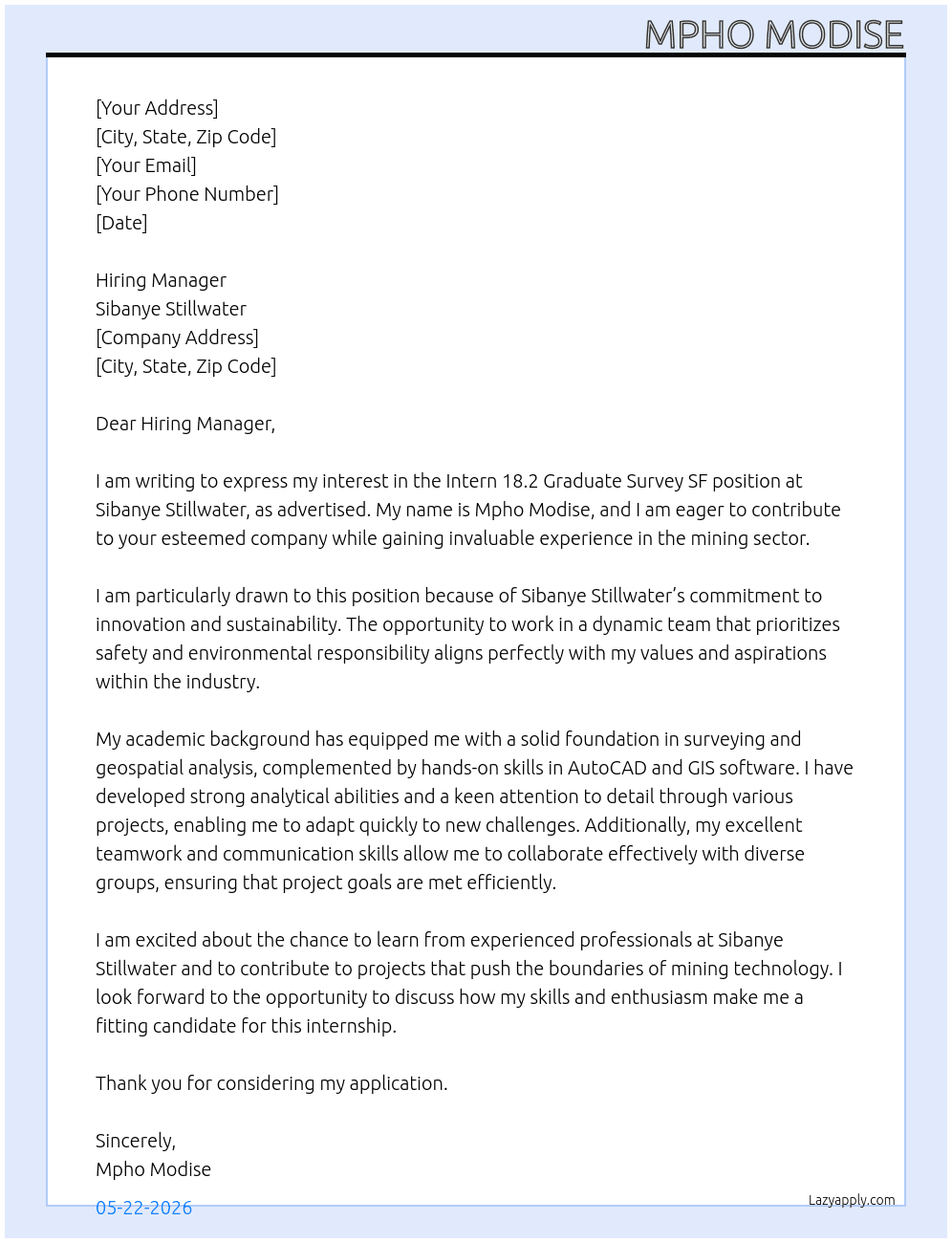 Cover letter for intern 18.2 graduate survey sf - LazyApply
