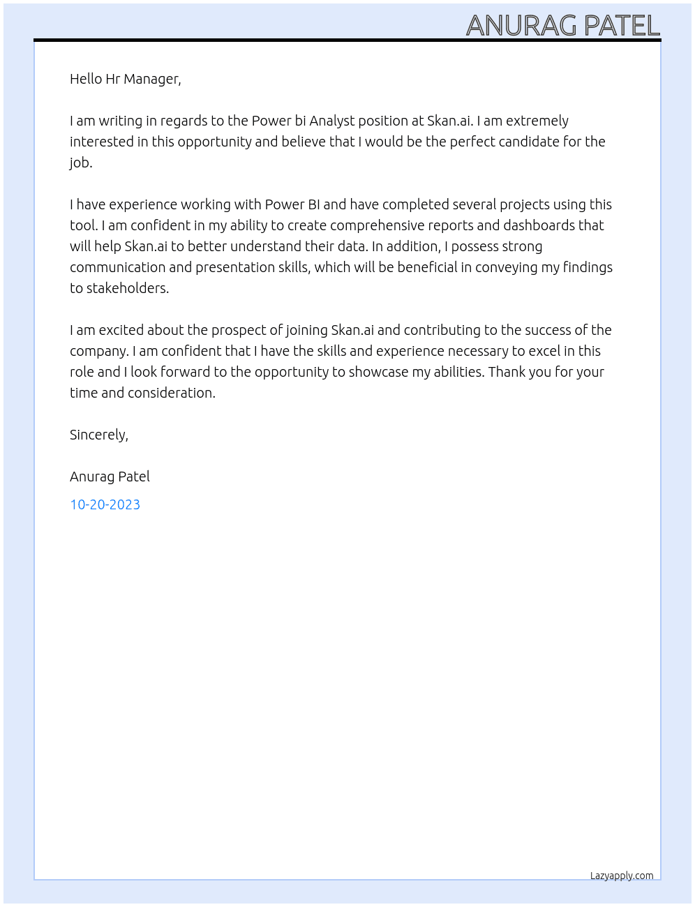 Power bi Analyst At Skan.ai Cover Letter