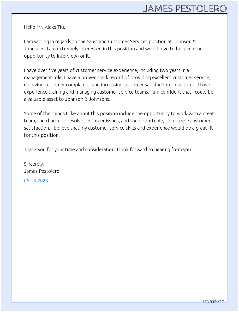 Sales and Customer Services  At Johnson & Johnsons Cover Letter