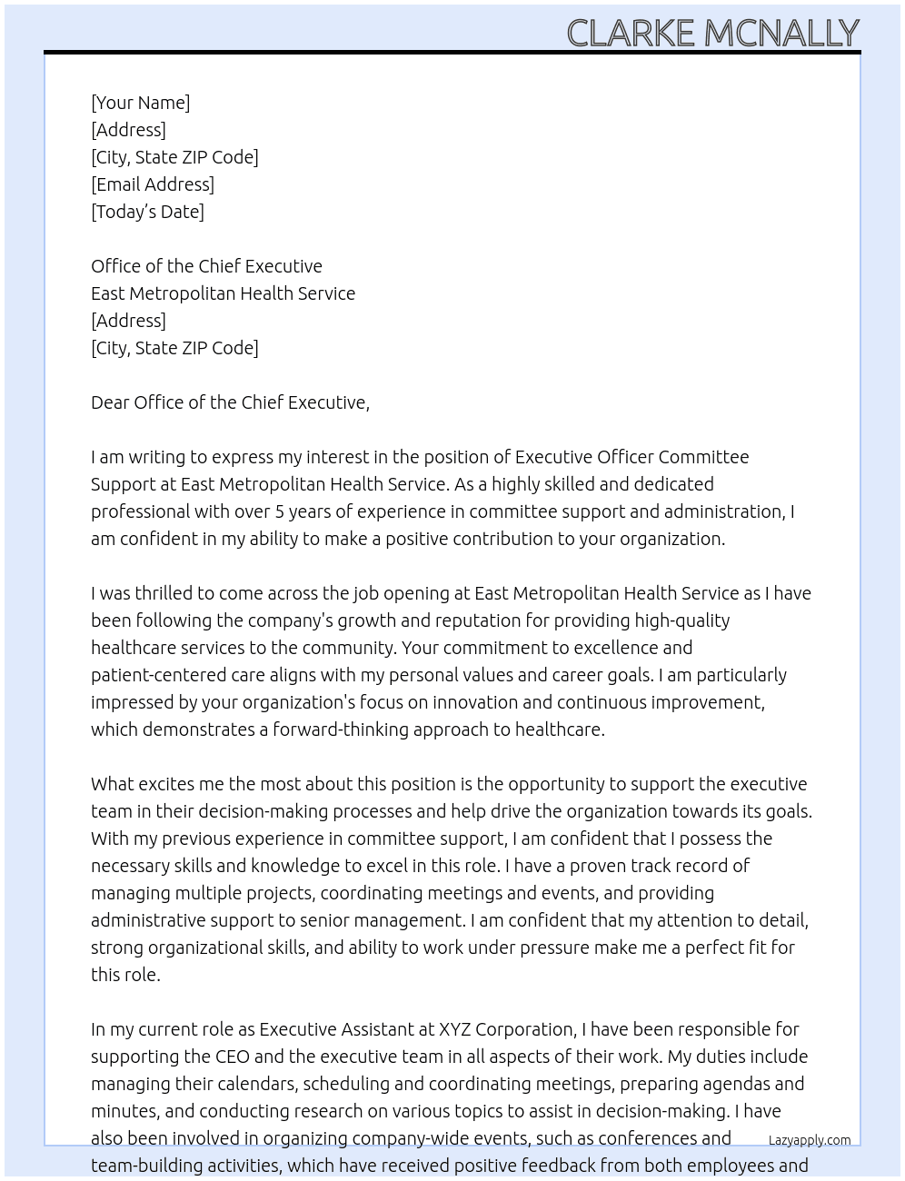 Executive Officer Committee Support  At East Metropolitan Health Service Cover Letter