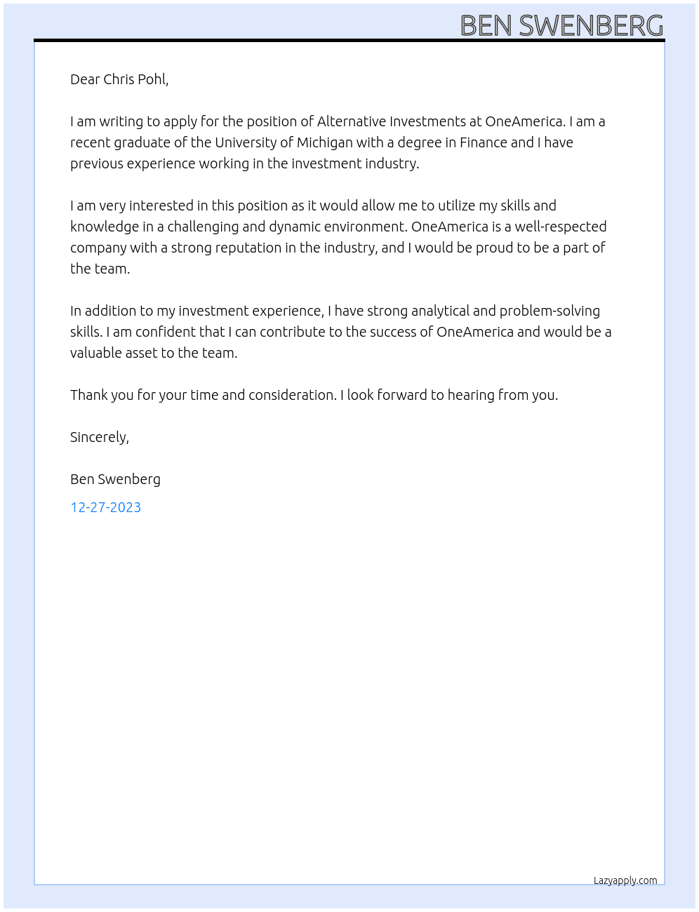 Alternative Investments At OneAmerica Cover Letter