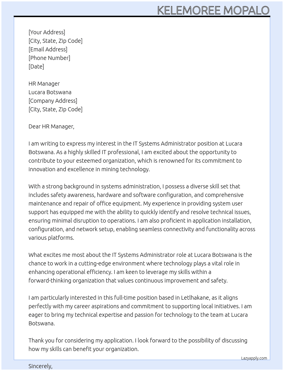 IT SYSTEMS ADMINISTRATOR At Lucara Botswana Cover Letter