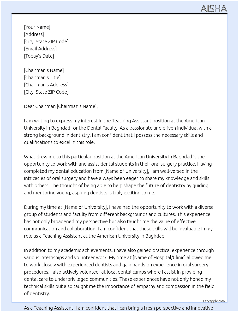 Teaching assistant At American University in Baghdad Cover Letter