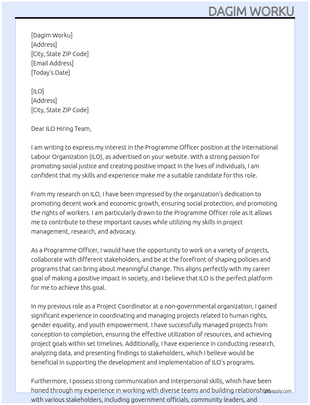 Programme Officer At International Labour Organization Cover Letter