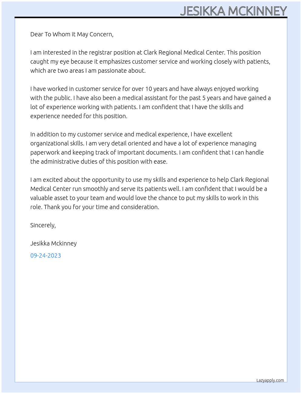 Registrar At Clark Regional Medical Center Cover Letter
