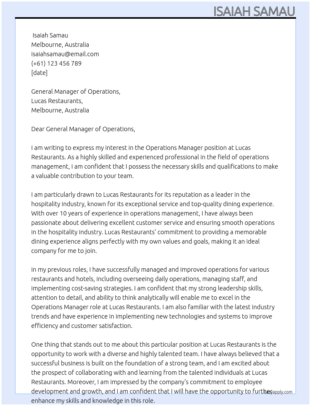 Operatioins Manager At Lucas Restaurants Cover Letter