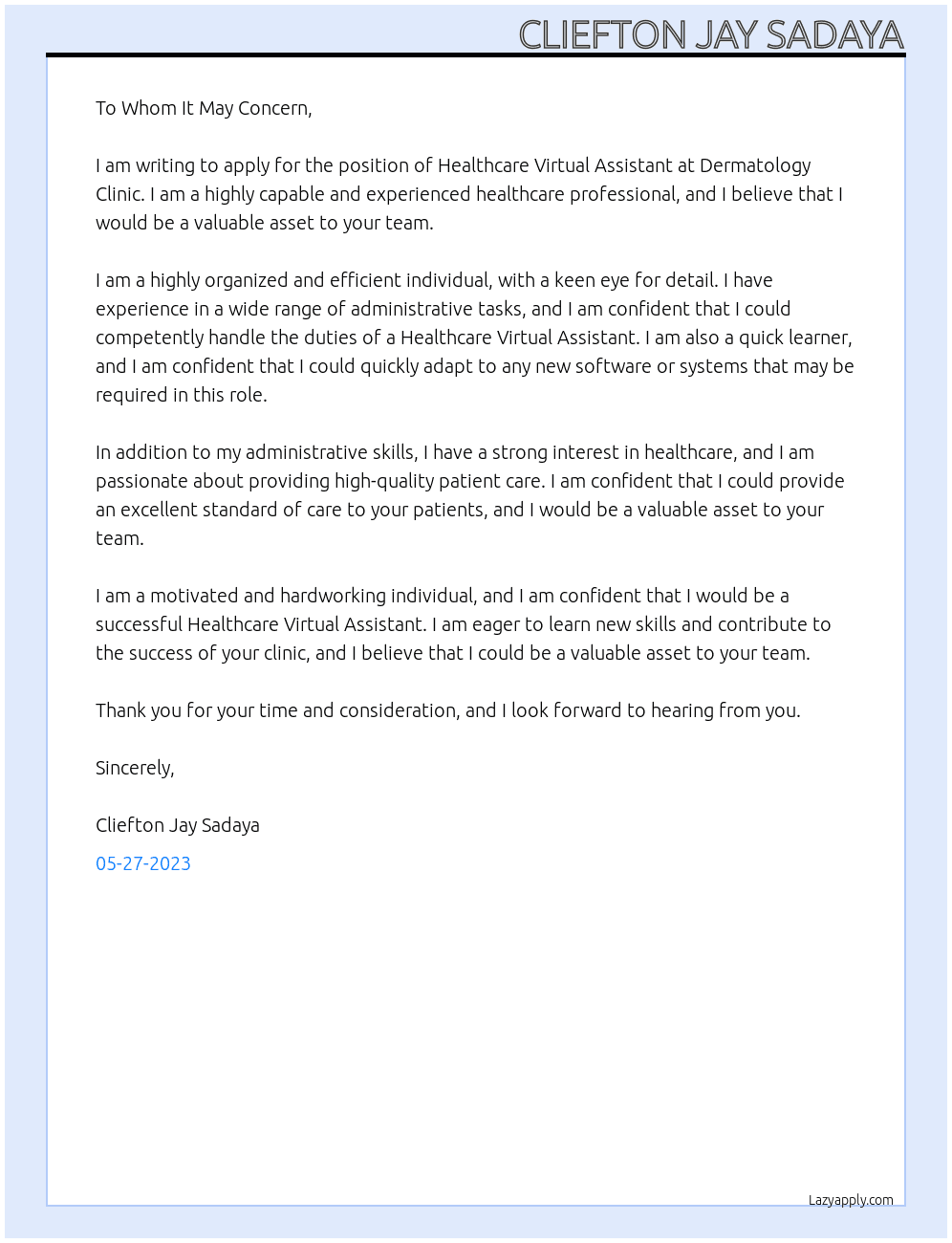 Healthcare Virtual Assistant At Dermatology Clinic Cover Letter