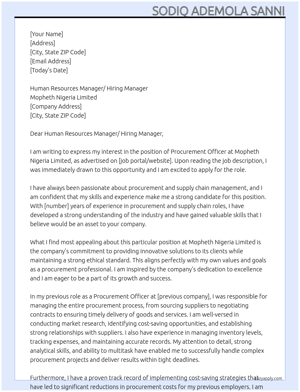 Procurement Officer At Mopheth Nigeria Limited Cover Letter
