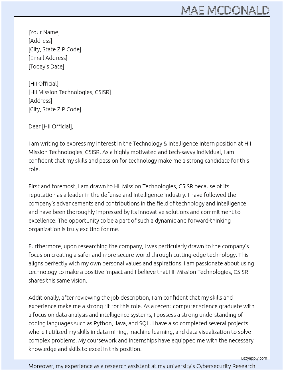 Technology & Intelligence Intern At HII Mission Technologies, C5ISR Cover Letter