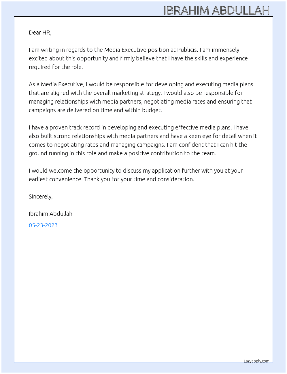 Media Executive  At Publicis  Cover Letter