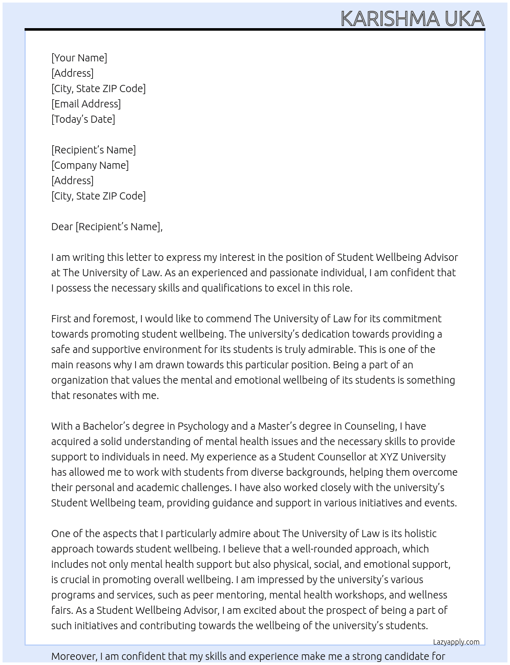 Student Wellbeing Advisor  At The University of Law Cover Letter