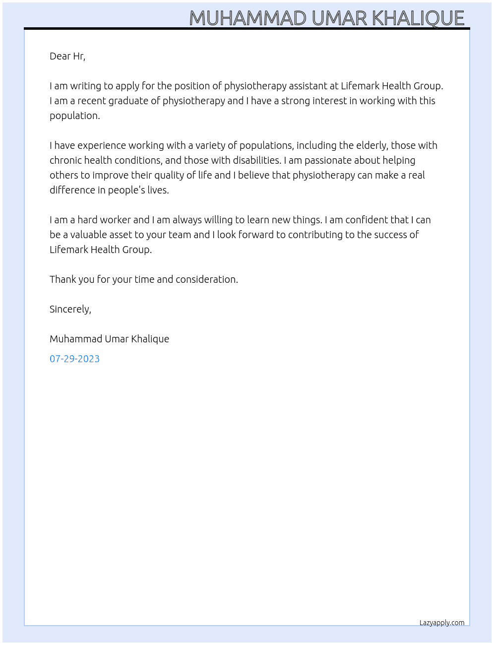 Physiotherapy assistant  At Lifemark Health Group  Cover Letter