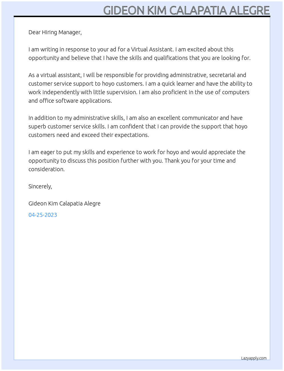 Virtual Assistant At hoyo Cover Letter