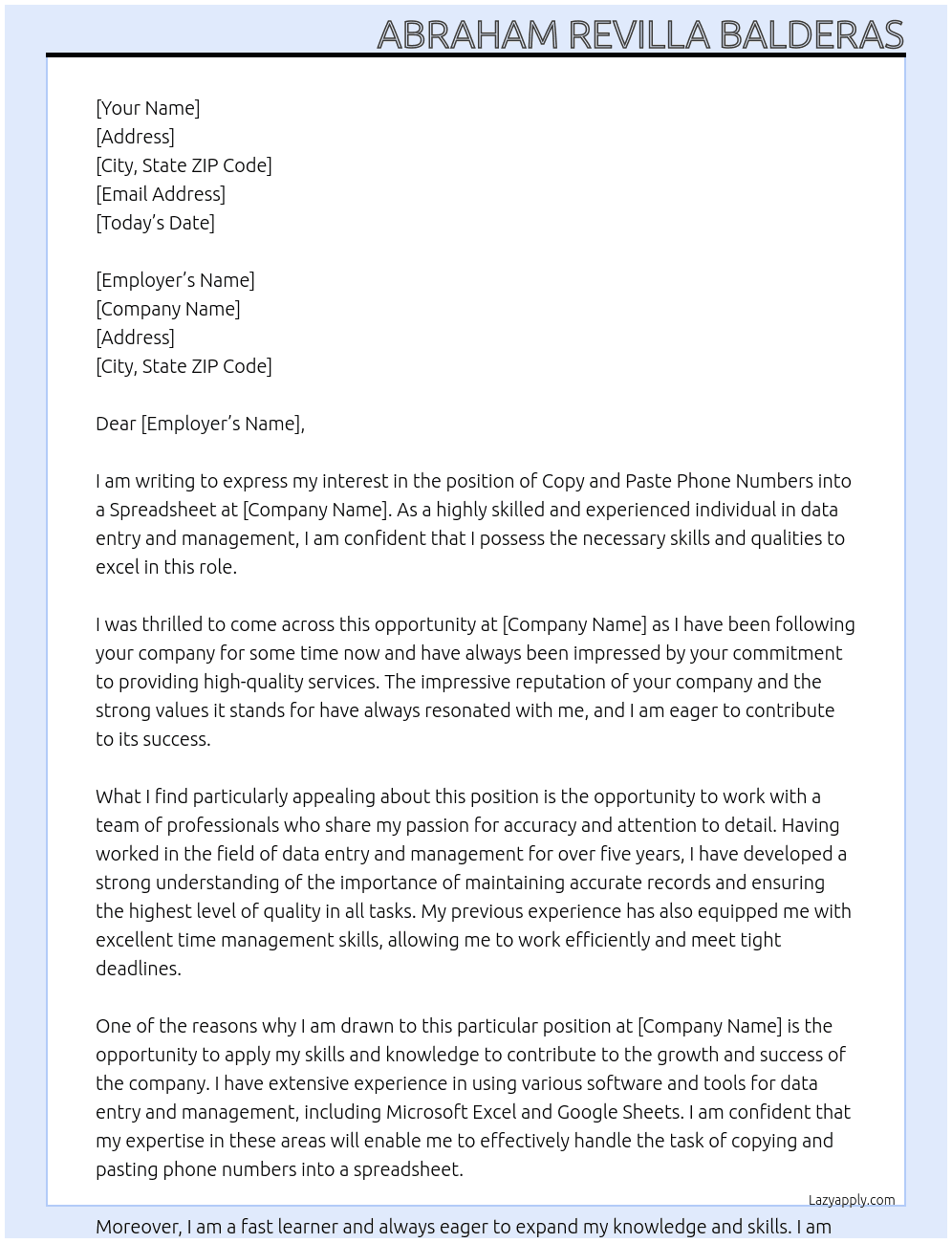 Copy and paste phone numbers into a spreadsheet At Copy and paste phone numbers into a spreadsheet Cover Letter